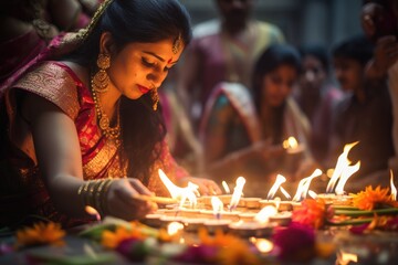 Hindu Rituals: Group of women in traditional attire performing a religious ceremony with fire