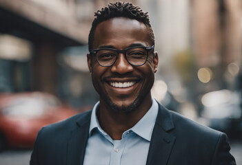 Portrait of african american businessman smiling happy in city