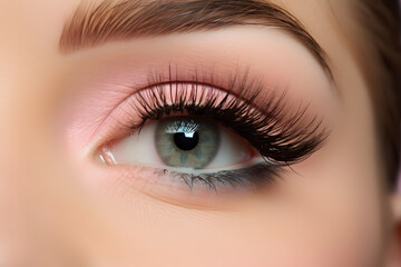 Close up of woman's eye makeup with light pink eye shadow and long fake eye lashes