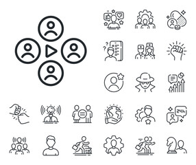 Online meeting sign. Specialist, doctor and job competition outline icons. Video conference line icon. Video teamwork symbol. Video conference line sign. Avatar placeholder, spy headshot icon. Vector