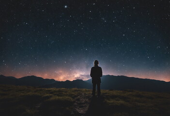 silhouette of a person meditating outdoors under a starry sky at night