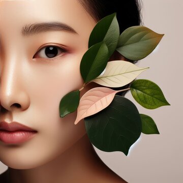 Photo beautiful fresh girl with perfect skin natural makeup and green leaves beauty face photo taken in the studio
