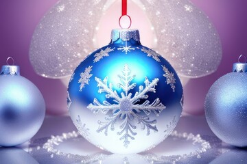 Christmas balls decorated on snowing Ney Year background. Generative AI