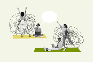 Creative composite photo collage of positive successful people working together remotely on laptops...