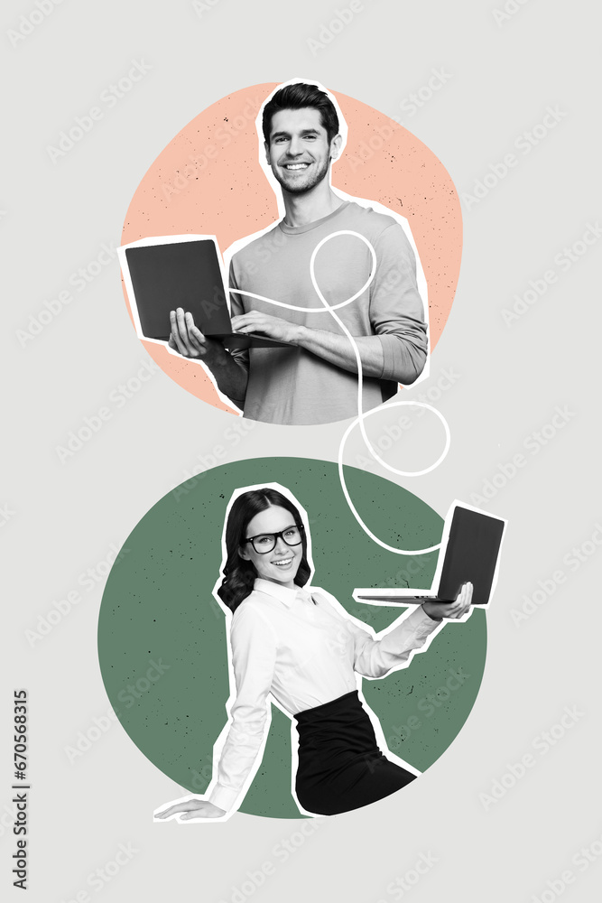 Aufkleber Sketch image collage of two smiling bonding people hold wireless netbook chatting online isolated on drawing background