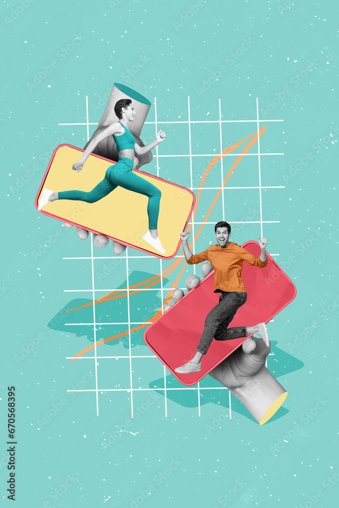Poster vertical creative composite abstract photo collage of active positive people running in smartphone d