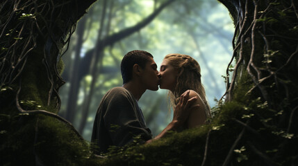 Couple amoureux s'embrassant dans une forêt féérique - obrazy, fototapety, plakaty