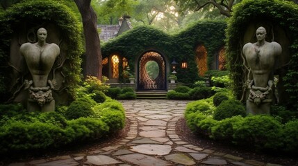 An elegant garden pathway leading to a grand heart-shaped door, guarded by two stone statues on either side.