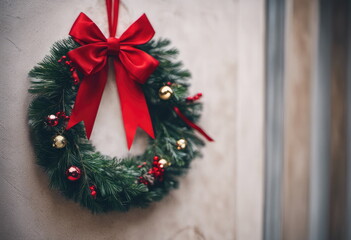 Fototapeta na wymiar christmas wreath, red ribbon bow