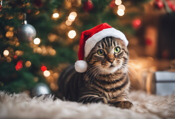 Cat in red Santa's hat sitting next to christmas tree. Portrait of cat in red christmas hat. Christmas and New Year