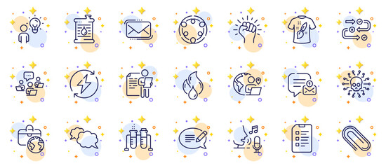 Outline set of Flammable fuel, Messenger and New message line icons for web app. Include Group people, Global business, Outsource work pictogram icons. Chemistry beaker, T-shirt design. Vector