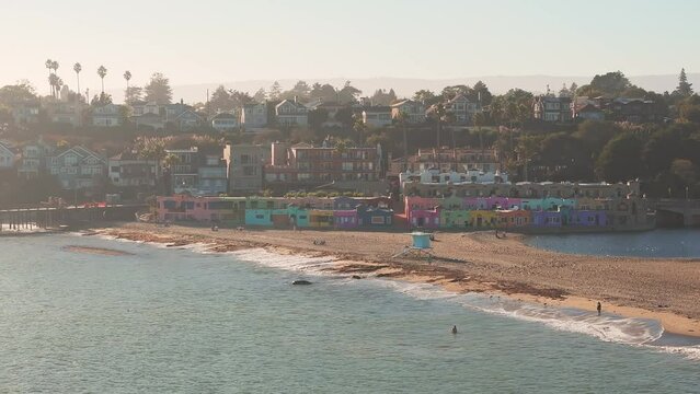Colorful residential neighborhood Capitola Venetian Court in the California coast, USA. Aerial view of the colorful beach neighborhood in Capitola, California 