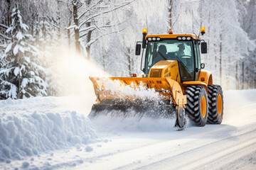 A snowplough working to remove snow from a road after a winter storm. Winter road clearing