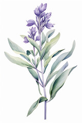 Watercolour Collection { No1 } Organic Herb Common Sage - Salvia officinalis - grown in Eco Fields. Isolated on White Background. Generative AI.