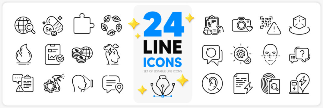 Icons set of Augmented reality, Face id and Question mark line icons pack for app with Face recognition, Report checklist, No hearing thin outline icon. Inspect, Chat bubble. Vector