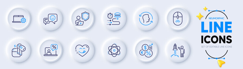 Food delivery, Shield and Yummy smile line icons for web app. Pack of Inflation, Atom, Launch project pictogram icons. Face id, Swipe up, Headset signs. Notebook service, Smile, Online tax. Vector