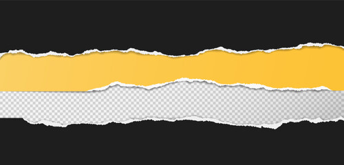 Torn, ripped black and yellow paper strips with soft shadow are on squared background for text. Vector illustration