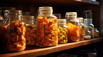 An evocative shot of dried fruit chunks, including mango, papaya, and coconut, stacked in...