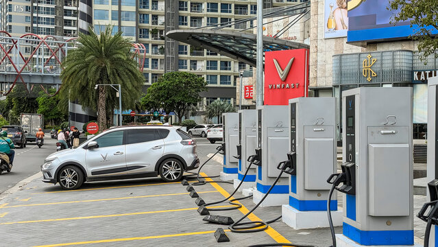 Ho Chi Minh City, Vietnam - Sept 27, 2023: A Vinfast charging station just outside Vincom Center Mall.