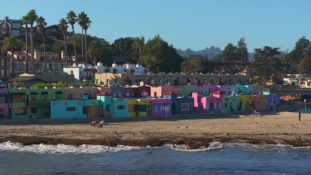Colorful residential neighborhood Capitola Venetian Court in the California coast, USA. Aerial view of the colorful beach neighborhood in Capitola, California 