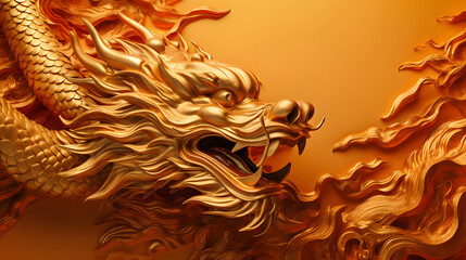 Chinese new year concept banner golden dragon dance on the solid background