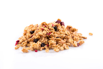 Muesli oat cereals close up background with dry fruits