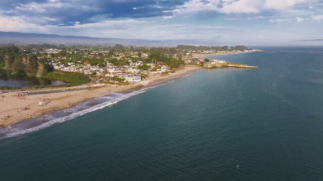 Colorful residential neighborhood Capitola Venetian Court in the California coast, USA. Aerial view of the colorful beach neighborhood in Capitola, California 