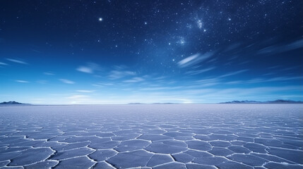 Salar de Uyuni salt flat during the starry night. Beautiful mirror reflection on sky. generative ai