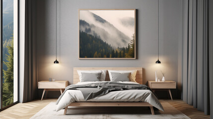 Coastal Scandinavian interior design of modern bedroom with big art poster frame. generative ai