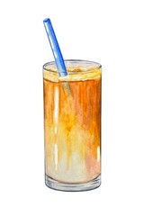 Hand drawn milkshake in a glass with a blue straw, watercolor