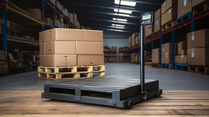 An industrial heavy-duty platform scale, situated in a warehouse, ready to weigh large cargo boxes being moved by a forklift in the background. - obrazy, fototapety, plakaty