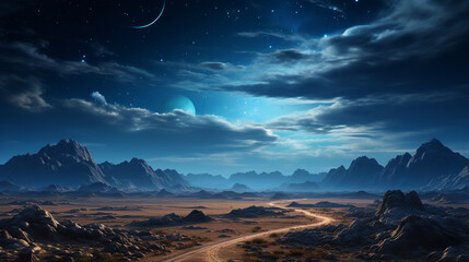 Scenic view of sandy desert under starry sky in night. generative ai