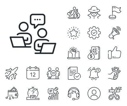 Remote office sign. Salaryman, gender equality and alert bell outline icons. Teamwork line icon. Team employees symbol. Teamwork line sign. Spy or profile placeholder icon. Vector