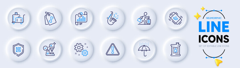 Warning, Work and Oil barrel line icons for web app. Pack of Report document, Pet tags, Waterproof umbrella pictogram icons. Qr code, Travel delay, Call center signs. Jazz. Neumorphic buttons. Vector - obrazy, fototapety, plakaty