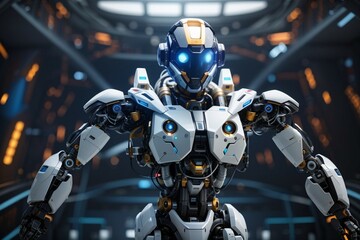 Fototapeta premium In a futuristic world a team of scientists work with Robots with Generative AI