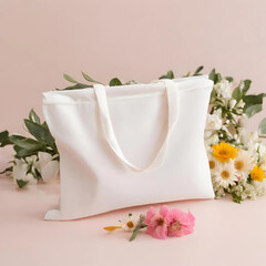 Plain white bag with no pattern The background is decorated with flowers.