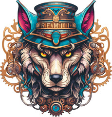 Steampunk Wolf logo emblem template. Colored vintage whimsical steam punk wolf mascot. Generated Ai
