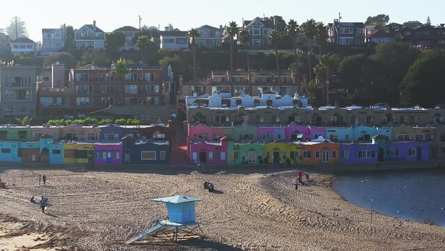 Colorful residential neighborhood Capitola Venetian Court in the California coast, USA. Aerial view of the colorful beach neighborhood in Capitola, California 