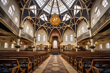 Divine Sanctuary: Interior of a Grand Jewish Synagogue with Stained Glass Windows