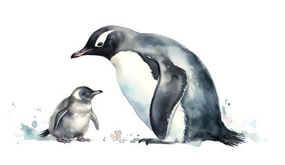 Watercolor Painting Illustration Of Penguin With Little Penguin Cub