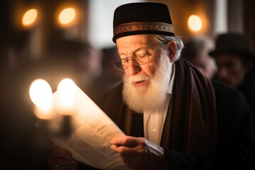 Spiritual Devotion: Rabbi Engrossed in Torah Reading in a Synagogue - obrazy, fototapety, plakaty