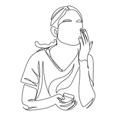 Happy young women wear white bathrobes towels on head make cucumber facial skin care mask on eyes relaxing together,smiling girls friends having fun on spa beauty salon party, Continuous line art.girl