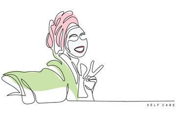 Happy young women wear white bathrobes towels on head make cucumber facial skin care mask on eyes relaxing together,smiling girls friends having fun on spa beauty salon party, Continuous line art.girl