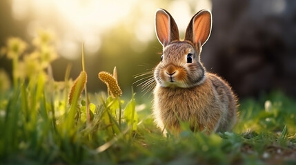 A rabbit on green meadow
