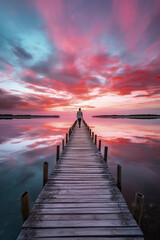 Obraz premium Serene Sunset: A Lone Figure Contemplating on a Wooden Pier, ai generative