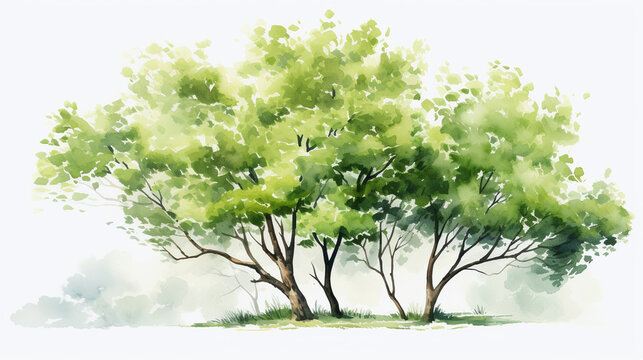 A bush on the background of a forest painted in watercolor