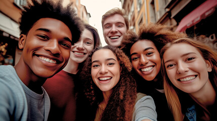 Obraz premium MULTIETHNIC HAPPY GROUP OF YOUNG PEOPLE TAKING SELFIE. legal AI