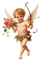 Naklejka premium vintage romantic illustration of a cherub or cupid with bow and arrow isolated on a transparent background, generative ai