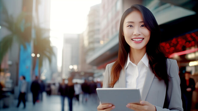 YOUNG HAPPY ASIAN WOMAN WITH TABLET IN THE CITY. legal AI
