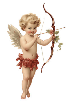 vintage romantic illustration of a cherub or cupid with bow and arrow isolated on a transparent background, generative ai